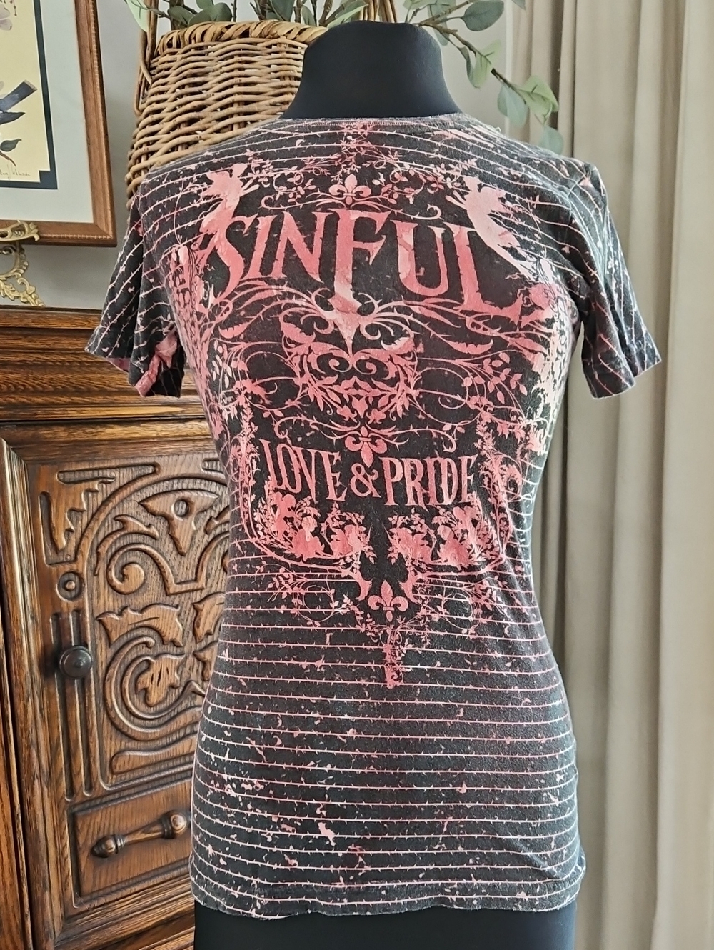 Sinful By Affliction Women's Black Tee with Pink 'Love & Pride' Graphic. Size M